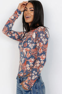 Online Black Floral Print Mesh Fitted Long Sleeve Top