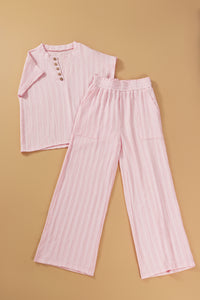 Online Light Pink Textured Short Sleeve Henley Top and Pocketed Wide Leg Pants