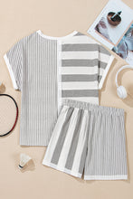 Load image into Gallery viewer, Online Gray Stripe Mixed Print Short Sleeve Top and Pocketed Shorts Set
