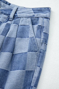 Online Dark Grey Checkered Denim Wide Leg Jeans