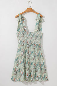 Online Gray Floral Knotted Strap Smocked Tiered Ruffle Mini Dress