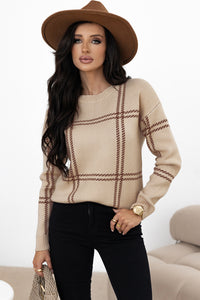 Online Pink Plaid Pattern Knitted Drop Shoulder Sweater