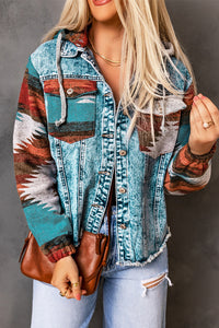 Online Multicolor Aztec Print Frayed Hem Denim Jacket