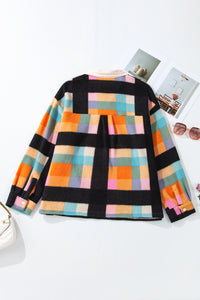 Online Black Plus Size Checkered Print Sherpa Henley Sweatshirt