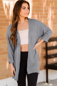 Gray Women's Winter Casual Long Sleeve Loose Solid Color Sweaters Side Split Open Front Cardigan Knitted Tops