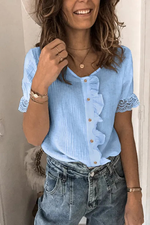 Sky Blue Ruffles Button Short Sleeve Shirt with Lace Detail