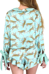 Online Green Leopard Satin Ruffle Pajama Short Set