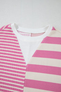 Online Pink Stripe Patchwork Textured Short Sleeve High Low Loose Top