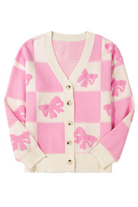 Online Pink Bowknot Checkered Pattern V Neck Drop Shoulder Button Up Cardigan