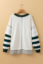 Load image into Gallery viewer, Online White Stripe Colorblock Sleeve Exposed Seam Fake-2-Piece Sweatshirt
