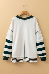 Online White Stripe Colorblock Sleeve Exposed Seam Fake-2-Piece Sweatshirt