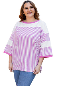Online White Stripe Patchwork Bracelet Sleeve Plus Size T Shirt