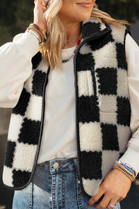 Online Black Checkered Sherpa Collared Jacket Vest