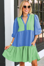 Load image into Gallery viewer, Online Dark Blue Colorblock Frilled V Neck Puff Half Sleeve Shift Dress
