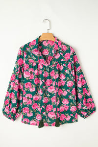 Online Green Floral Printed Tied Collar Puff Sleeve Blouse