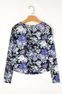 Online Black Floral Print Mesh Fitted Long Sleeve Top