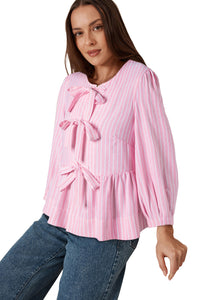 Online Pink Stripe Bowknot Front Crew Neck Puff Sleeve Blouse