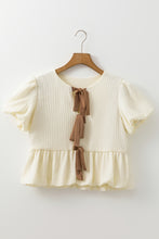 Load image into Gallery viewer, Online White Textured Bow Ties Front Bubble Hem Puff Short Sleeve Blouse
