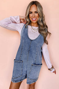 Online Dusk Blue Sleeveless U Neck Patched Pocket Denim Romper