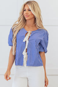 Online Blue Stripe Tied Front Puff Short Sleeve Blouse