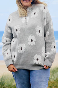 Online Gray Plus Size Embroidered Floral Pattern Half Zip Sweater