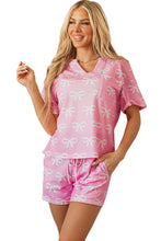 Load image into Gallery viewer, Online Pink Waffle Knit Bowknot Printed V Neck T Shirt and Shorts Set
