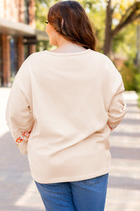 Online Beige Plus Size Flower Patched Side Slits Crewneck Top