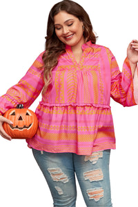 Online Vitality Orange Plus Size Geometric Printed Bell Sleeve Babydoll Blouse