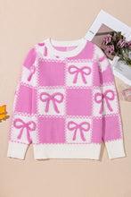 Load image into Gallery viewer, Online Pink Bow Knot Two Tone Checkered Crew Neck Sweater
