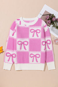 Online Pink Bow Knot Two Tone Checkered Crew Neck Sweater