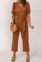 Load image into Gallery viewer, Brown Tie Knot Puff Sleeve Straight Leg High Rise Jumpsuit
