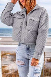 Gray Quilted Pocketed Zip-up Cropped Jacket