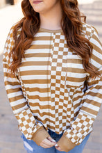 Load image into Gallery viewer, Online Khaki Striped Checkered Mixed Print Chest Pocket Casual Plus Size Top
