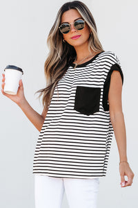 Online Black Stripe Chest Pocket Patch Round Neck Tank Top