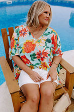 Load image into Gallery viewer, Online Sky Blue Plus Size Floral Print V Neck Batwing Sleeve Blouse
