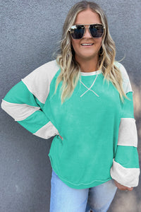 Online Aruba Blue Colorblock Patchwork Cross Seam Plus Sweatshirt