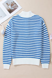 Online Pink Stripe Zip up Collar Drop Shoulder Sweater