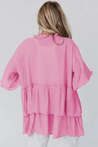 Pink Ruffled Trim Half Sleeve Open Front Kimono