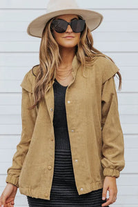 Brown Snaps Stand Neck Long Sleeve Buttoned Corduroy Coat