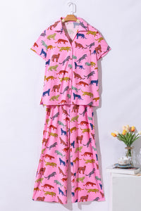 Online Pink Cheetah Print Short Sleeve Shirt and Pants Lounge Set