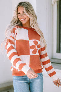 Online Orchid Petal Checkered Floral Print Striped Sleeve Sweater