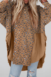 Online Brown Printed Raw Edge Leopard Patchwork Oversized Blouse