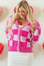 Load image into Gallery viewer, Online Black Checkered Drop Shoulder Buttoned V Neck Cardigan
