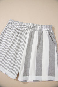 Online Gray Stripe Mixed Print Short Sleeve Top and Pocketed Shorts Set