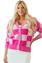 Load image into Gallery viewer, Online Black Checkered Drop Shoulder Buttoned V Neck Cardigan
