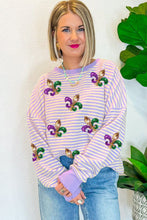 Load image into Gallery viewer, Online Purple Stripe Sequin Fleur de Lis Patched Pattern Long Sleeve Top
