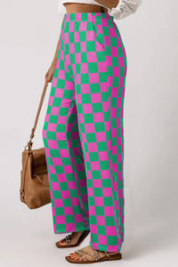 Online Green 2-Tone Checked Print High Waist Wide Leg Pants