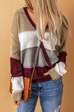 Load image into Gallery viewer, Wine Color Block Deep V Neck Wrap Sweater
