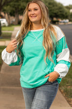 Load image into Gallery viewer, Online Aruba Blue Colorblock Patchwork Cross Seam Plus Sweatshirt
