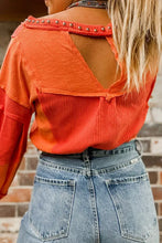 Load image into Gallery viewer, Red Studded V Neckline Exposed Seam Textured Knit Top
